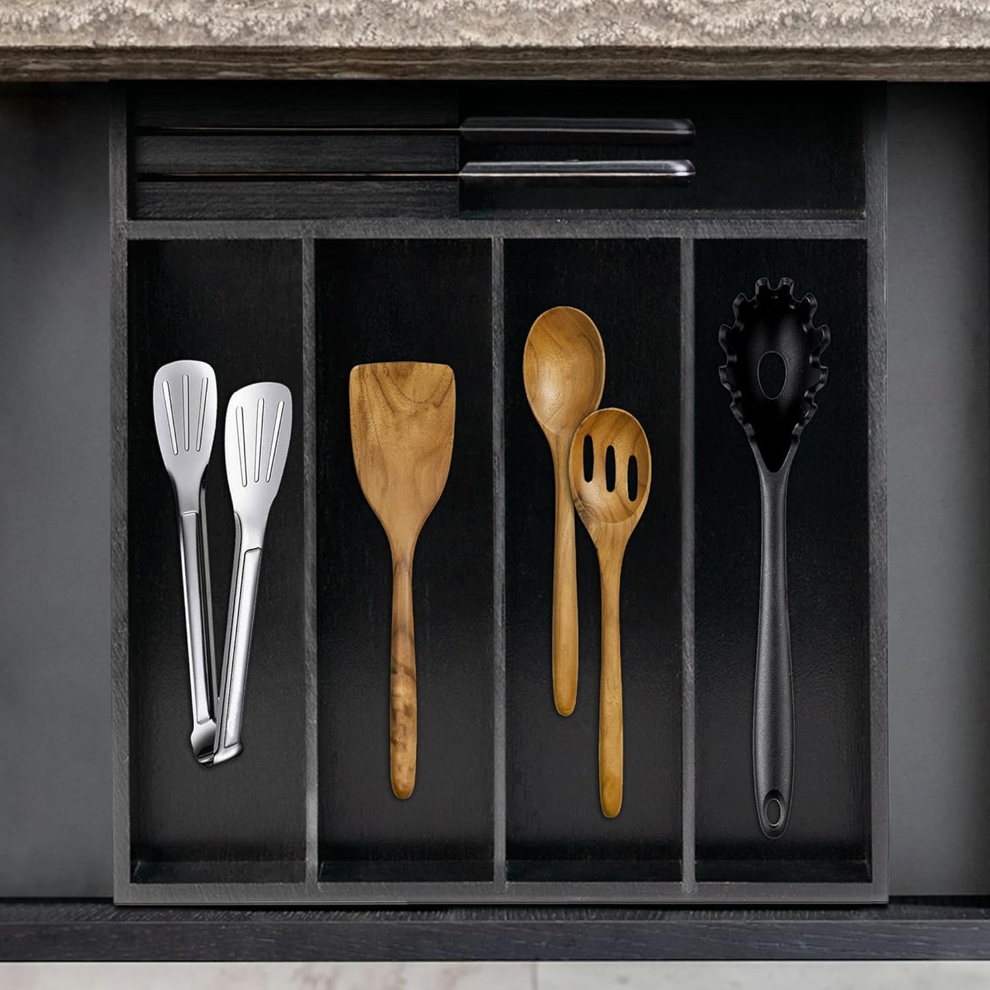 VaeFae Bamboo Silverware Organizer, Utensil Holder for Drawer, Wooden Cutlery Tray with Divider for Kitchen Drawer, Utensil Organizer with Knife Block（Black）