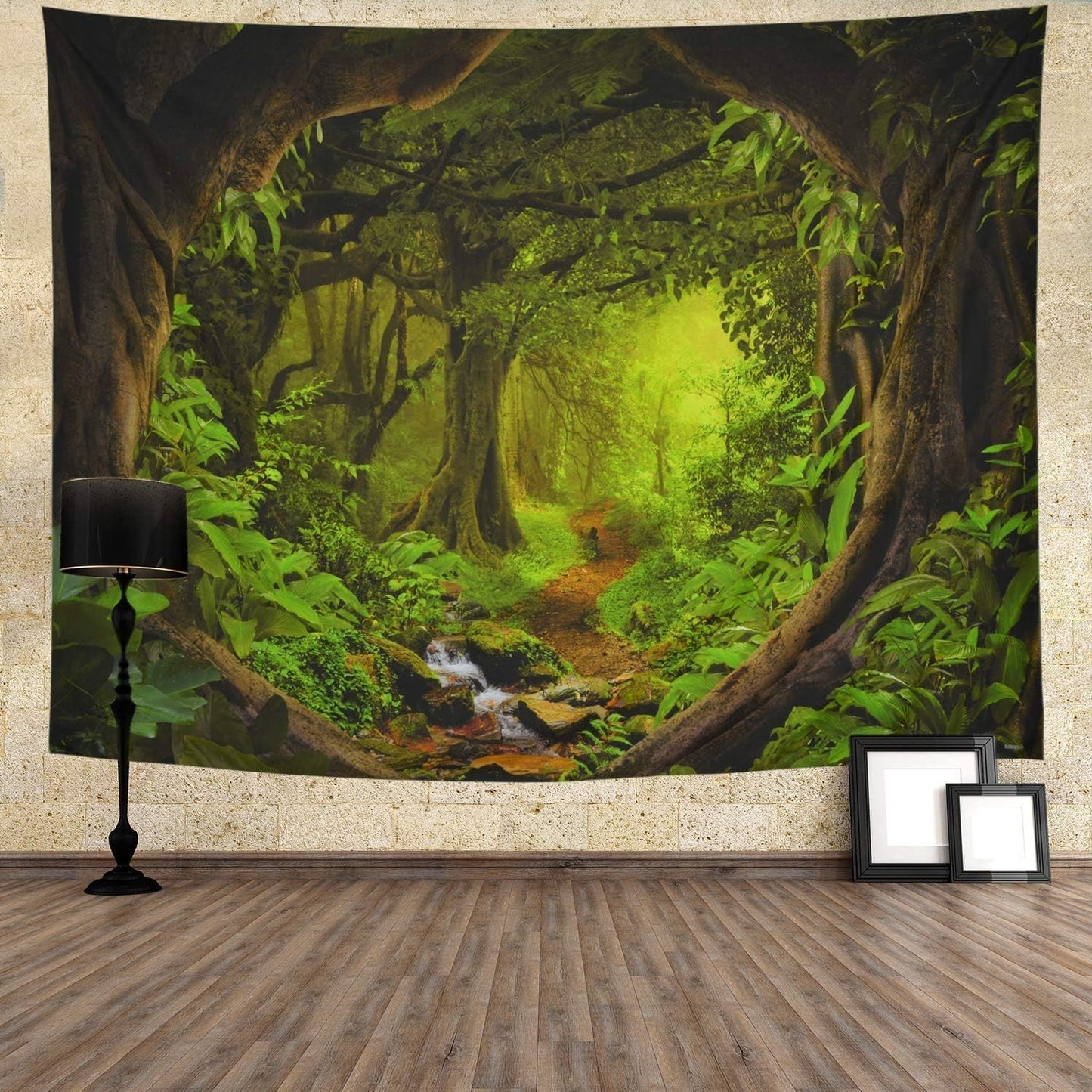Tushelia Forest Nature Tree Cave Wall Hanging - Misty Forest Stream Through Rainforest Landscape Jungle Creek Psychedelic Tapestry for Living Room