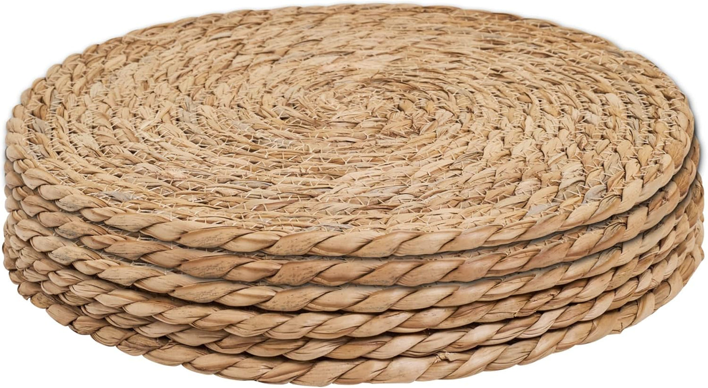 Defined Deco Woven Placemats Set of 6,12" Round Rattan Placemats,Natural Hand-Woven Water Hyacinth Placemats,Farmhouse Weave Place Mats,Rustic Braided Wicker Table Mats for Dining Table,Home,Wedding.