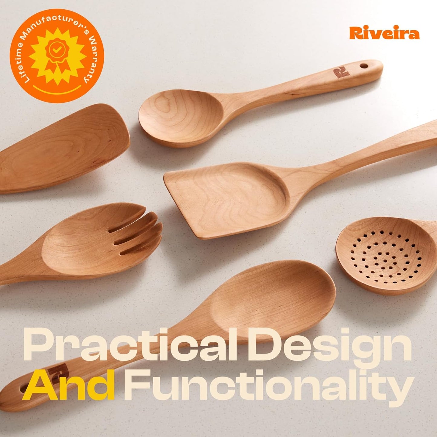 Riveira Cherry Wooden Spoons for Cooking Set of 6 – Natural Cherry Wood Cooking Utensils, Wooden Spatula, Wooden Spoon - Premium Quality Wooden Utensil Set for Non-Toxic Cooking