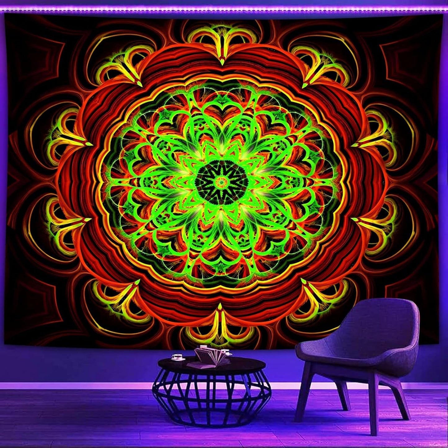 Blacklight Mandala Tapestry Wall Hanging, Psychedelic Black Light Posters for Adults and Teens, UV Reactive Aesthetic Golden Art for Bedroom (60 x 50 Inches)