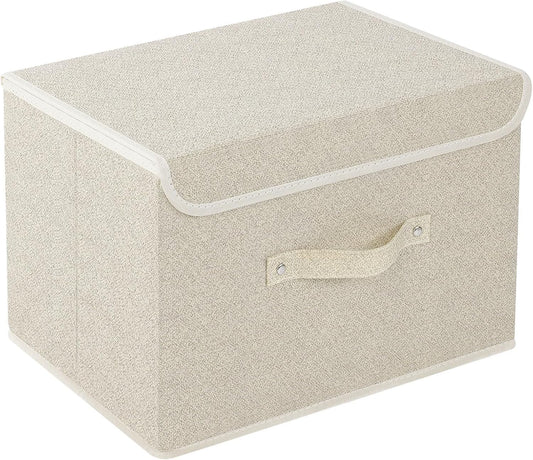 Storage Boxes, Collapsible Storage Bins with Lids, Cotton and linen cloth Storage Baskets with Handle, for Books, Closet, Bedroom, Home, 15x9.8x9.8 in, Grey and Beige