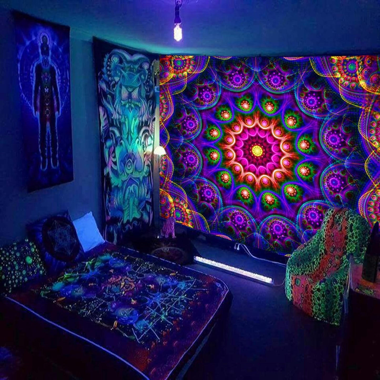 Blacklight Trippy Mandala Tapestry, Boho Black Light Posters for Adults UV Reactive Room Decor for Bedroom Wall (40 x 30 Inches)