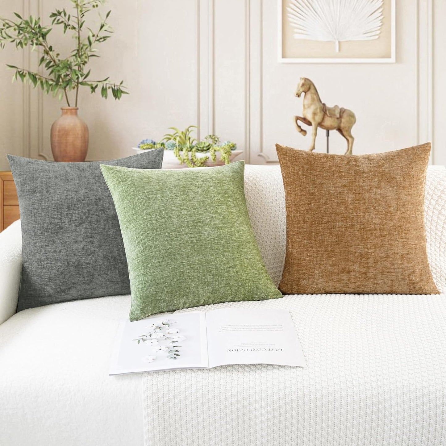 CaliTime Throw Pillow Covers Decorative 16 X 26 Inches Pack of 2 Cozy Chenille Cushion Cases for Couch Sofa Bed Living Room Home Sage Green