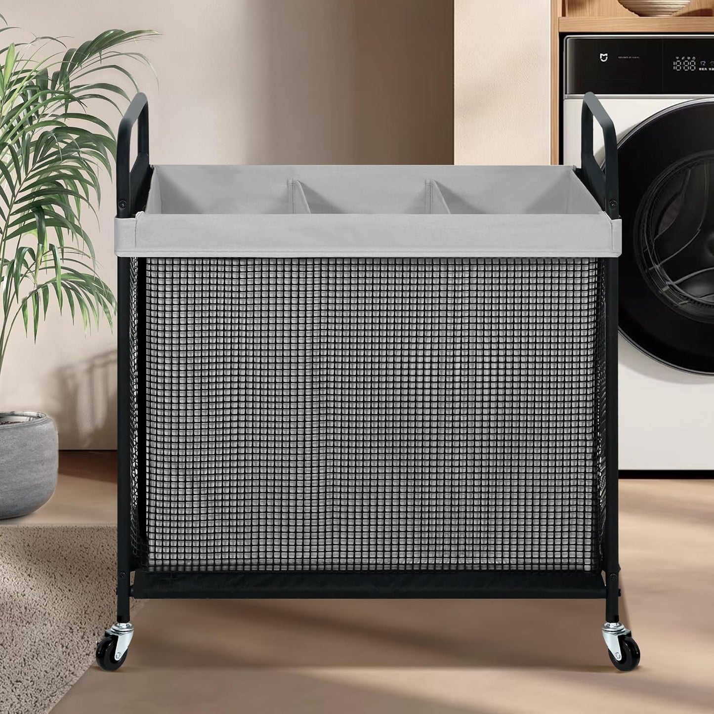 STO STO Laundry Hamper 3 Section, 120L Rolling Laundry Sorter Cart with Removable and Washable Liner Bag, Rolling Clothes Hamper with Metal Handle for Laundry Room and Bedroom, Gray