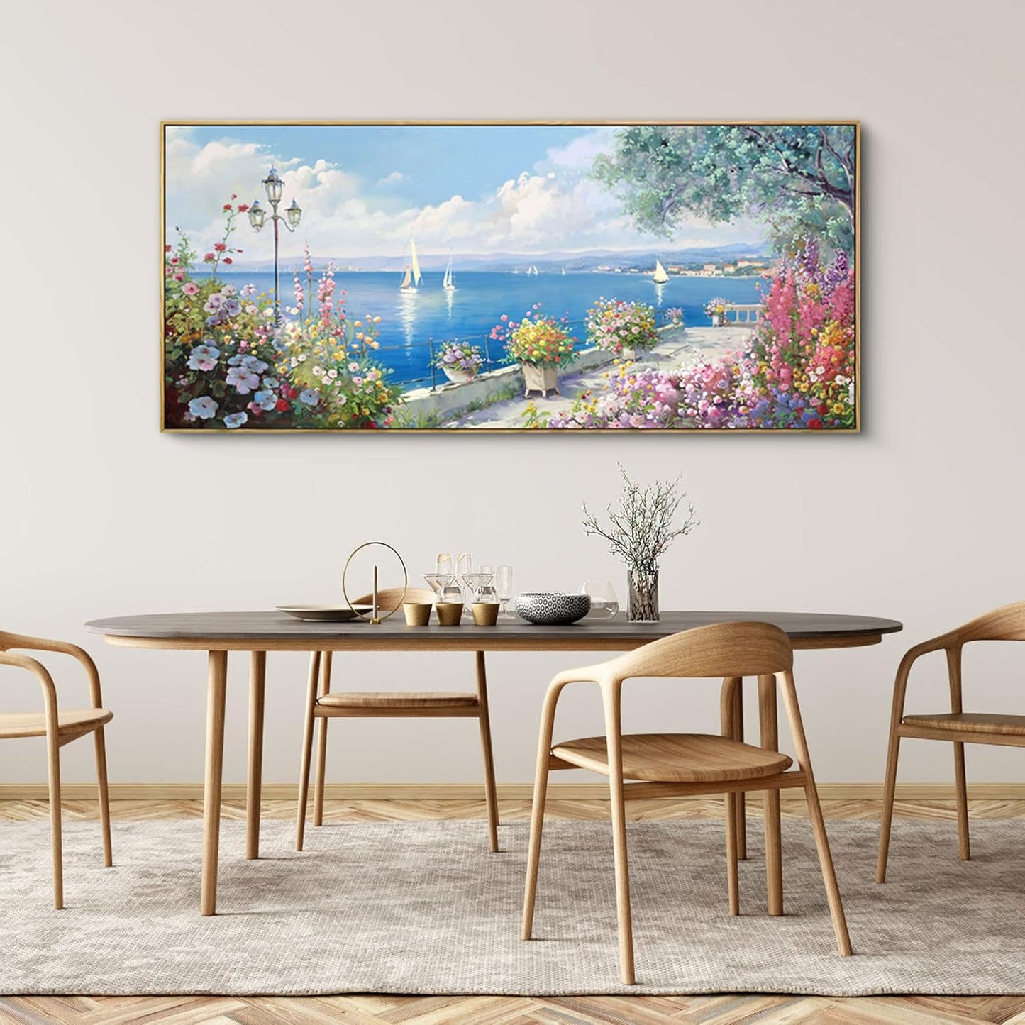XLSJERST Extra Large Coastal Wall Art - Ocean Seascape Canvas Yellow Green Flowers Painting Landscape Sailboat Picture Artwork Modern Large Framed for Living Room Bedroom Home Office Decor