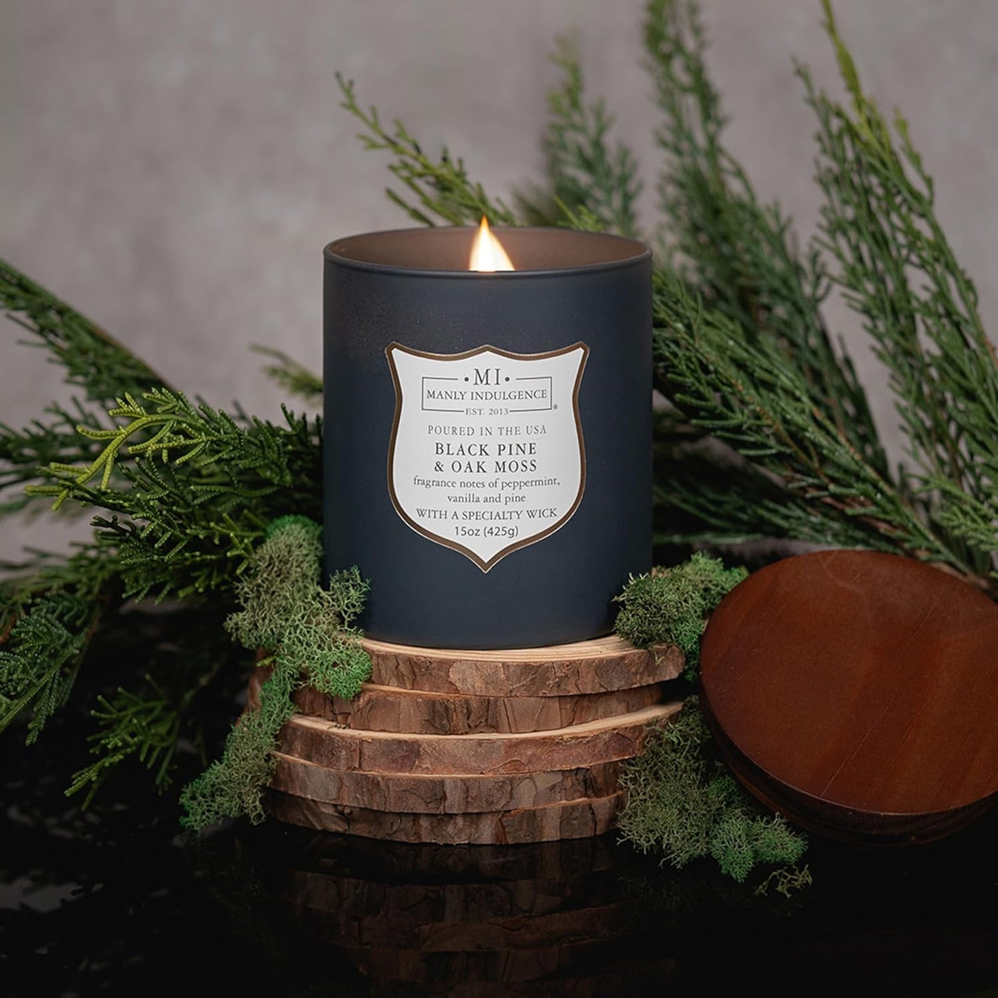 Manly Indulgence Black Pine Oakmoss Scented Candles for Men, 15 oz Wooden Wick, Premium Soy Blend Wax, 60H Burn, Candles for Home Scented - Made in The USA