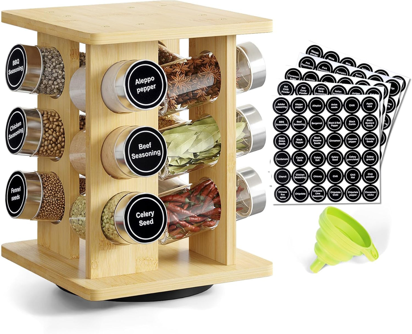 WelFurGeer Bamboo Spice Rack Organizer for Countertop, Revolving Spice Shelf with 12 Glass Jars, Lids & Labels, Desktop Rotating Seasoning Organizer for Kitchens, Space-Saving Design