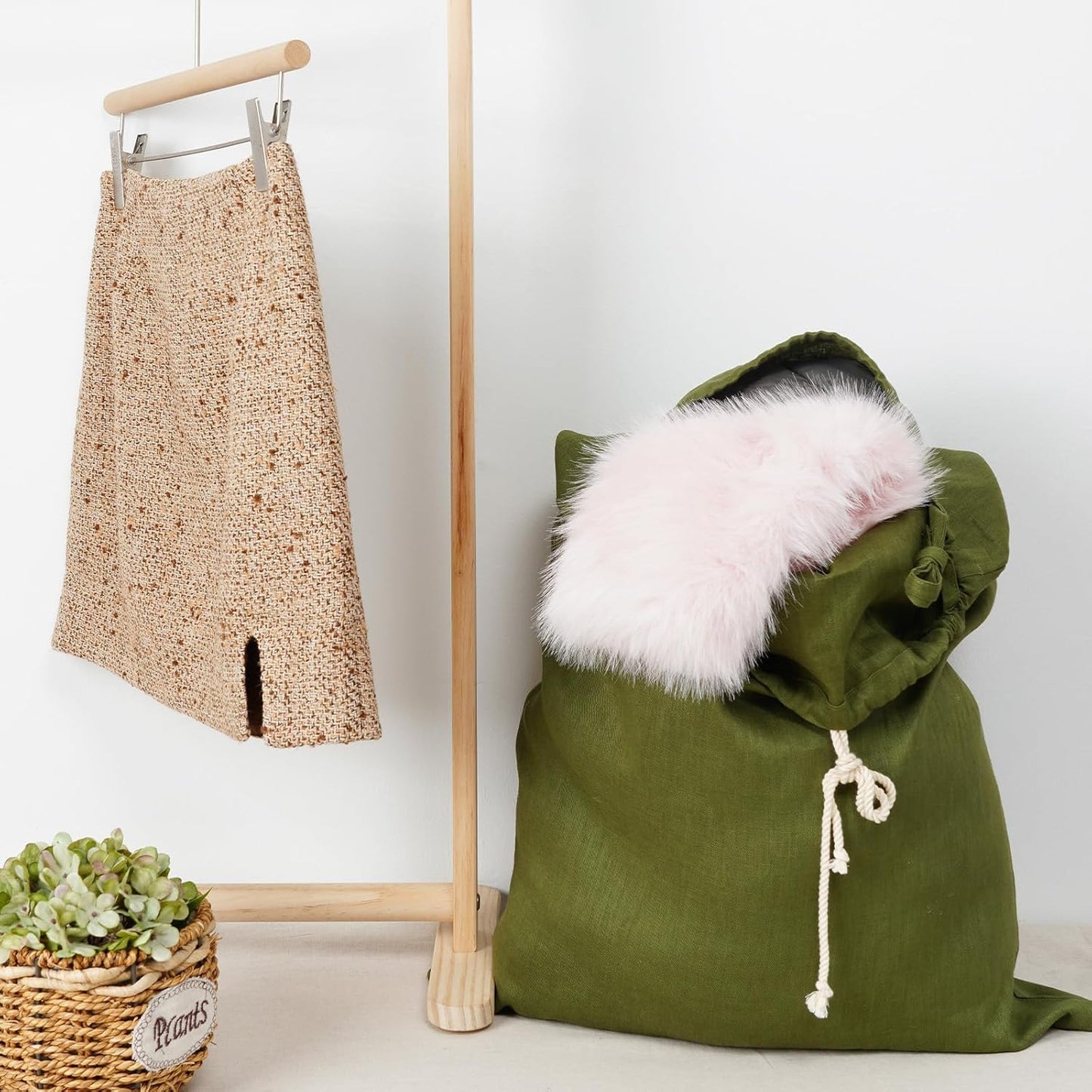 Linen Hanging Laundry Bag, Over The Door Laundry Hamper for Dirty Clothes, Drawstring Closure with Bottom Zipper, Army Green