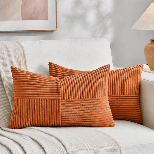 Fancy Homi 2 Packs Burnt Orange Lumbar Decorative Throw Pillow Covers 14x24 Inch for Couch Bed Sofa, Farmhouse Boho Home Decor, Soft Striped Corduroy Rectangle Accent Cushion Case 35x60 cm