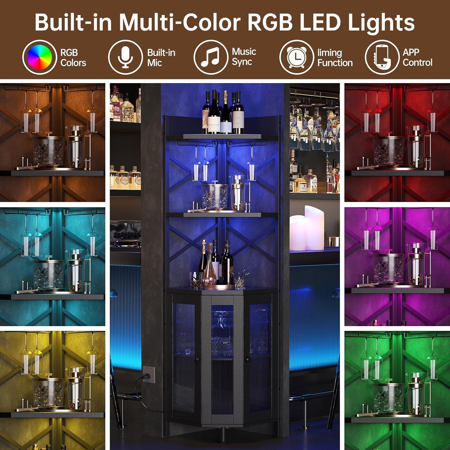 Corner Bar Cabinet with Power Outlet, 5-Tier Corner Wine Cabinet with Led Strip and Glass Holder, Industrial Tall Liquor Cabinet Bar Wine Rack for Home，Black