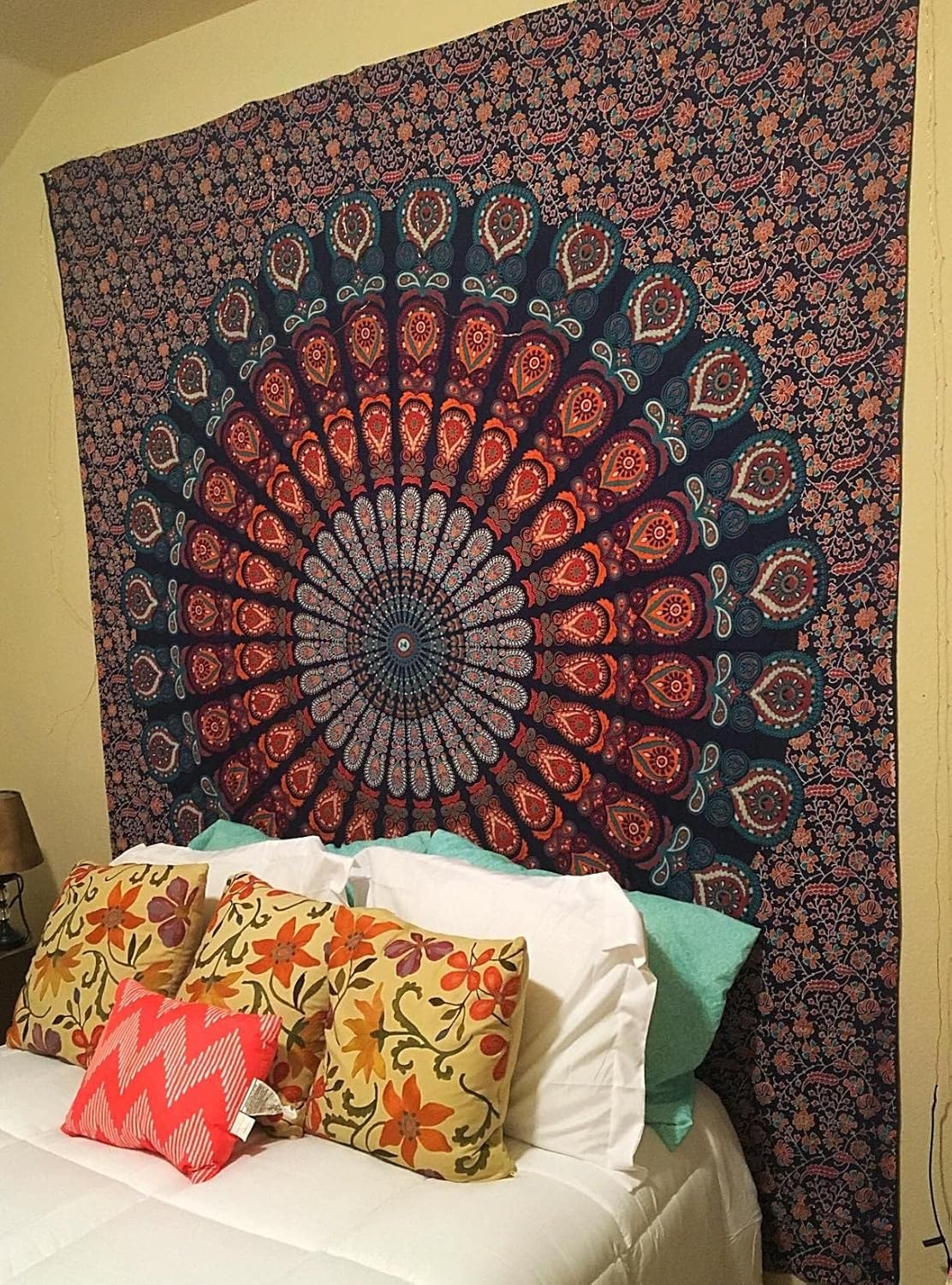 Bless International Handmade Indian hippie Bohemian Psychedelic Peacock Mandala Wall hanging College Dorm Beach Throws Table Cloth Bedding Tapestry (Golden Blue, Twin(54x72Inches)(140x185cms))