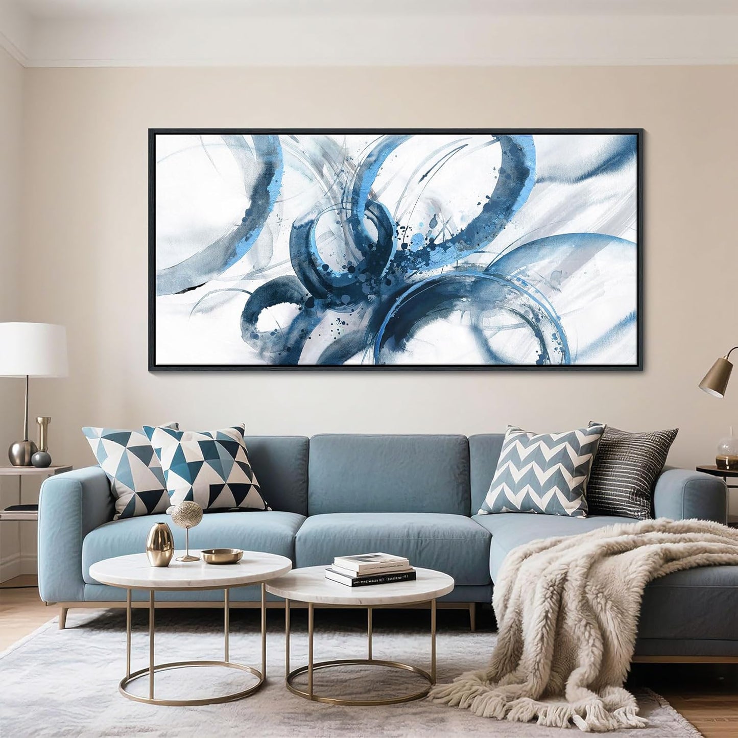 AJAZIKO Blue Canvas Wall Art Abstract Art Wall Decor Wall Art for Living Room Framed Artwork for Walls Paintings for Bedroom Modern Pictures Wall Decor Office Decoration 30×60IN