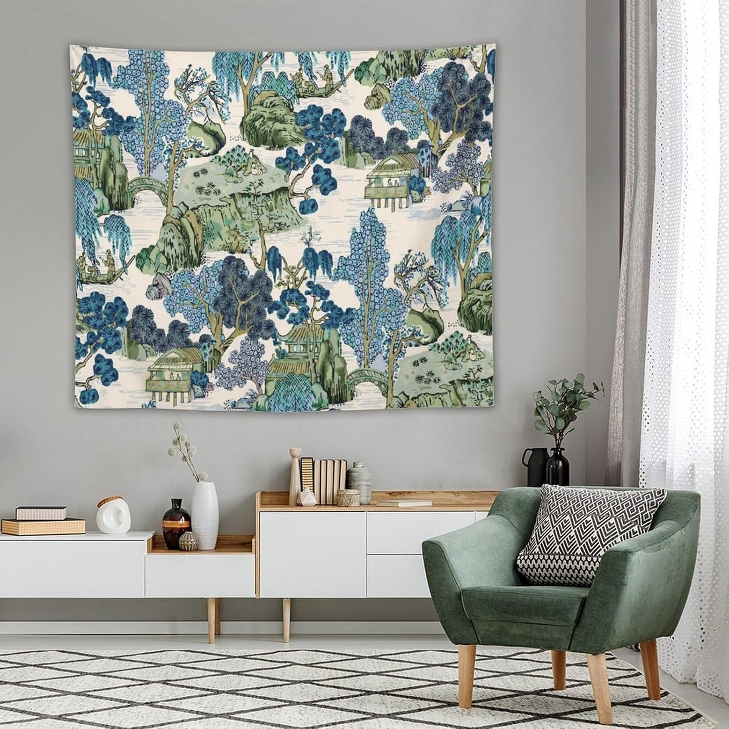 Chinoiserie Tapestry,Asian Watercolor Abstract Art Tapestry,Asian Japanese Wall Tapestry, Nature Landscape Tapestries for Bedroom Living Room Decor 60"x50"