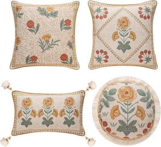 patdrea Designer Pack of 4 Throw Pillow Covers,Beige Vintage French Soft Linen Pillows Cover with Daisy Floral Pattern,Vintage Square Farmhouse Decorative Pillowcase for Couch,Bed,Living Room