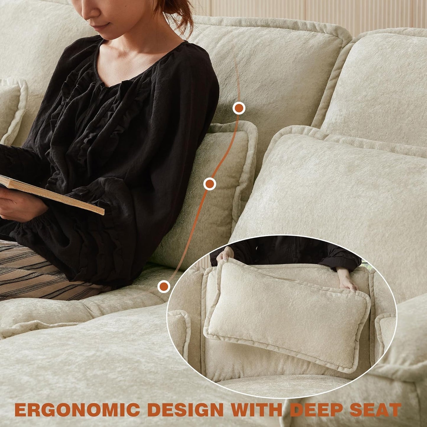 113" Oversized Cloud Couch, U Shape Sectional 4 Seat Sofa with Double Chaises, 2 Layer Cusions, Deep Seat Comfy Sofa, Upholstery Chenille Fabric for Living Room, Beige