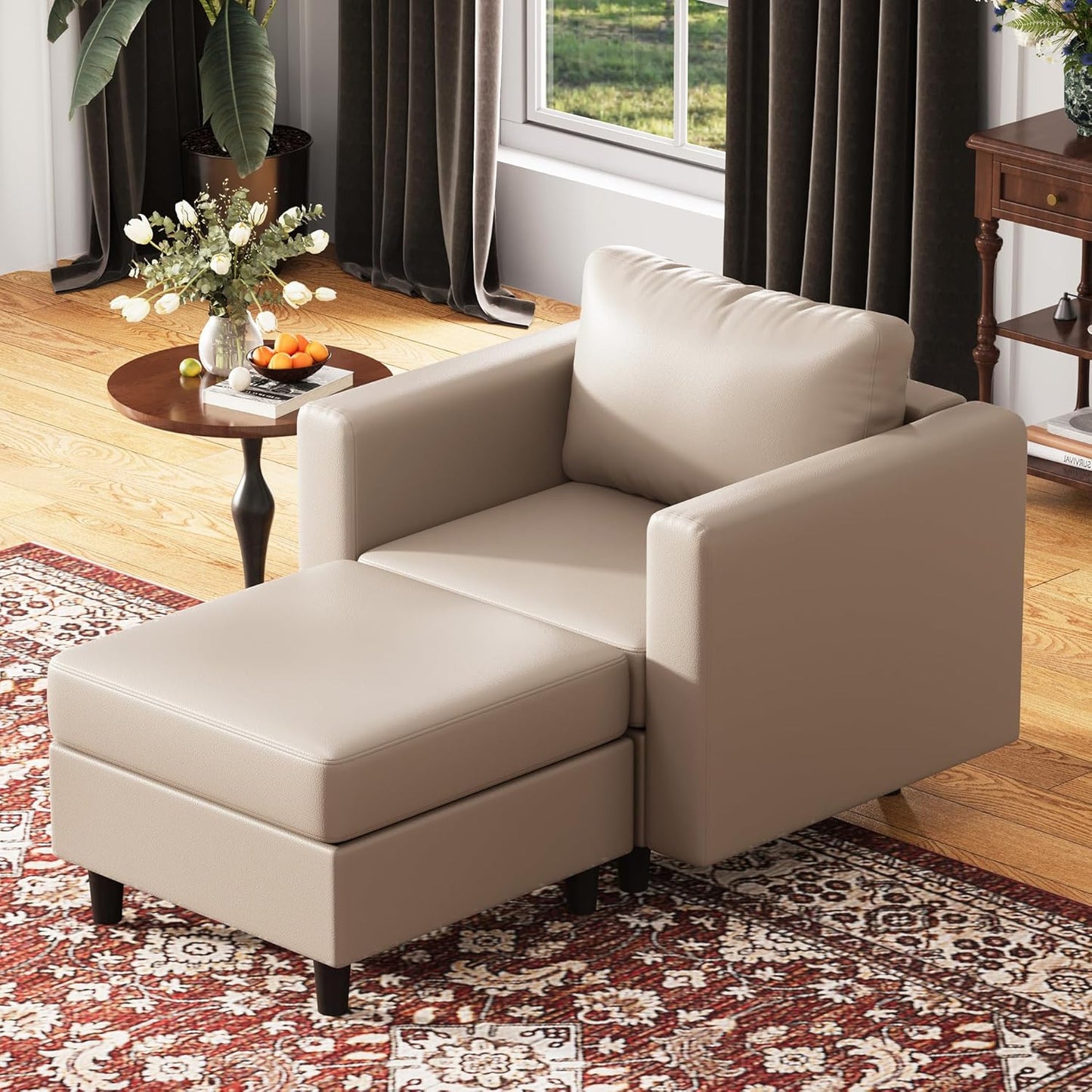 Faux Leather Single Sofa with Storage Ottoman, Modern Accent Chair Deep Seat Large Reading Armchair, Chaise Lounge Chair for Living Room Bedroom Office Whitesand