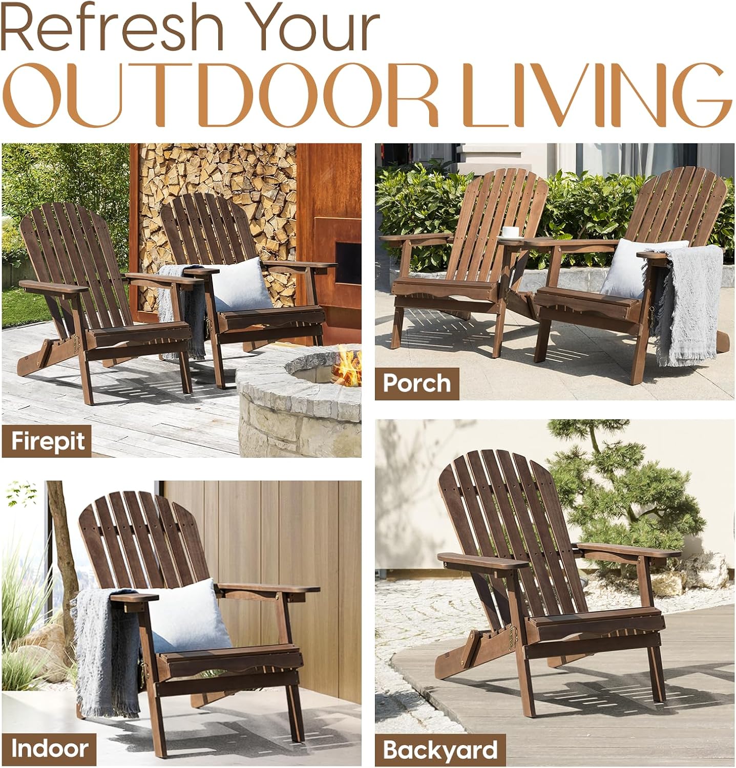 IDZO Outdoor Adirondack Chair Set of 2, Pre-Assembled Backrest, Patio Furniture Set, Outdoor Furniture for Garden, Porch, Deck, Firepit