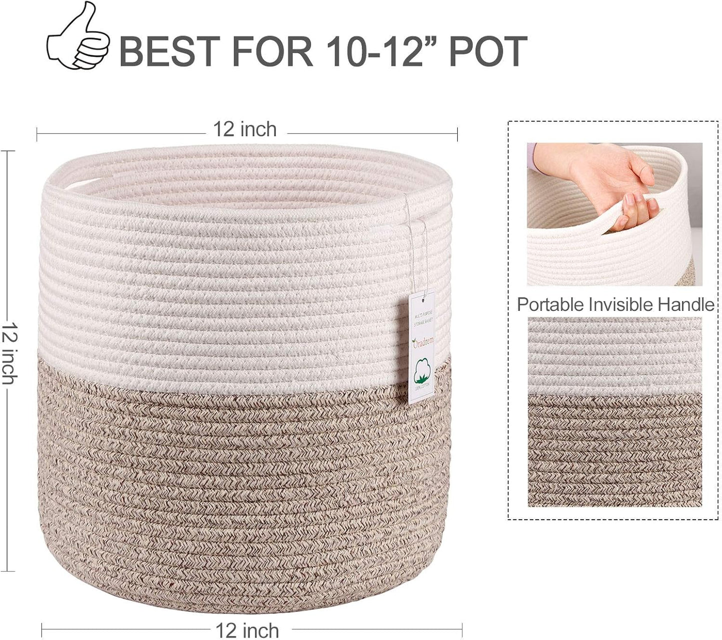 Woven Cotton Rope Plant Basket for 11 inch Flower Pot Floor Indoor Planters,Decorative Small Basket for Plants Storage Organizer Modern Home Decor (12" x 12", Khaki)