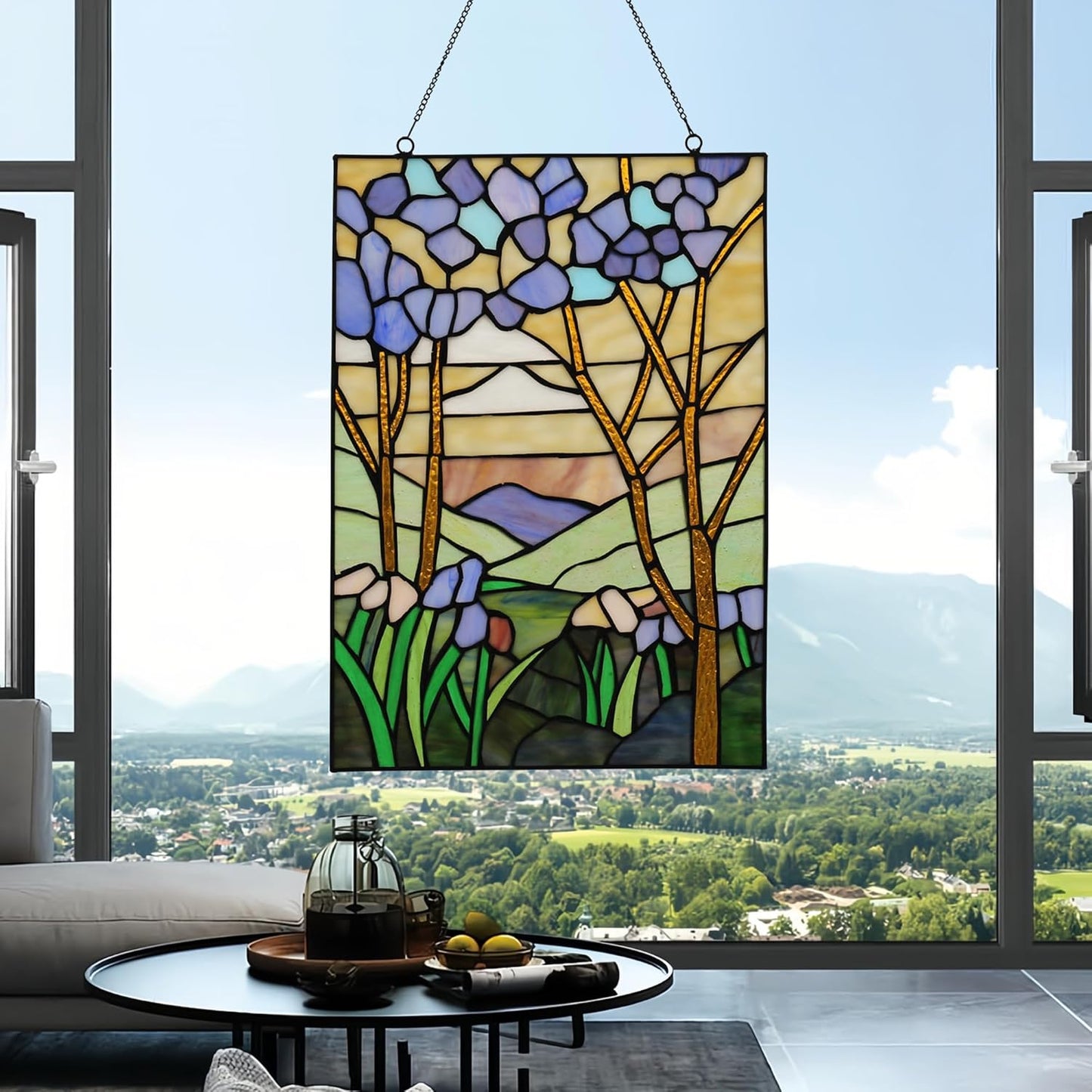 YOURANJU Stained Glass Window Hanging 16" H x 11" W Tiffany Style Rectangular Window Panel Suitable for Living Room Bedroom Kitchen Window Decoration Hangings with Chain (Sunset)