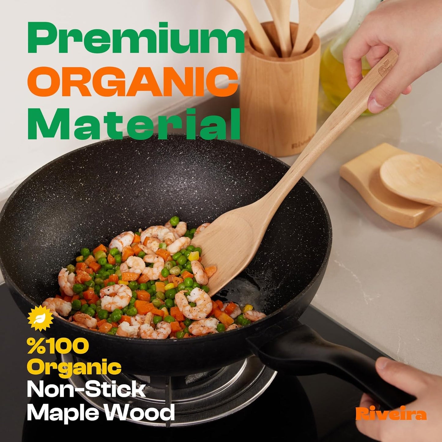 Riveira Maple Wooden Spoons for Cooking Set of 6 – Natural Maple Wooden Cooking Utensils, Wooden Spatula, Wooden Spoon - Premium Quality Wooden Utensil Set for Non-Toxic Cooking