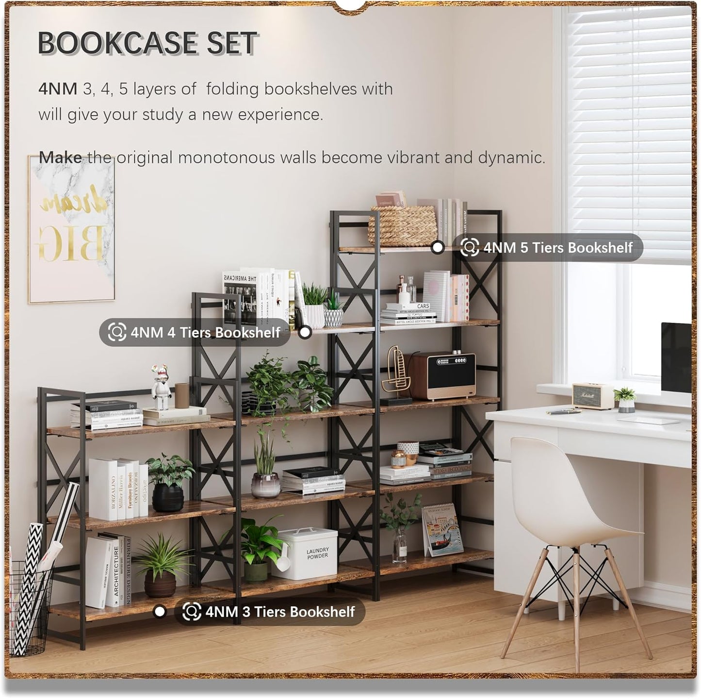4NM 5 Tiers No Assembly Book Shelves, 51.2" H Folding Bookshelf Bookcase Open Industrial Foldable Shelves for Bedroom, Living Room, Home Office - Rustic Brown Black