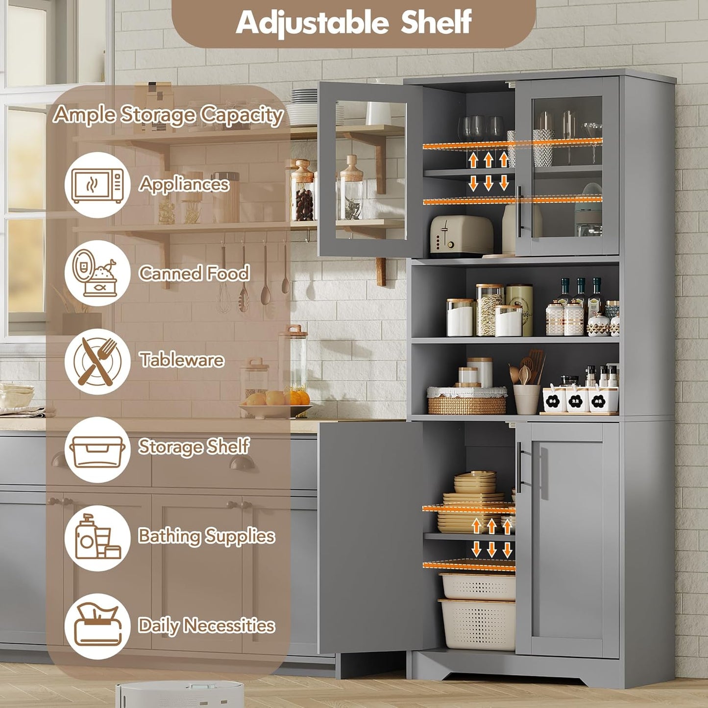 GarveeHome 67" Tall Storage Cabinet, Tall Bathroom Cabinet with Glass Doors and Adjustable Shelves, Freestanding Kitchen Pantry Cabinets, Cupboard for Living Room, Dining Room, Gray