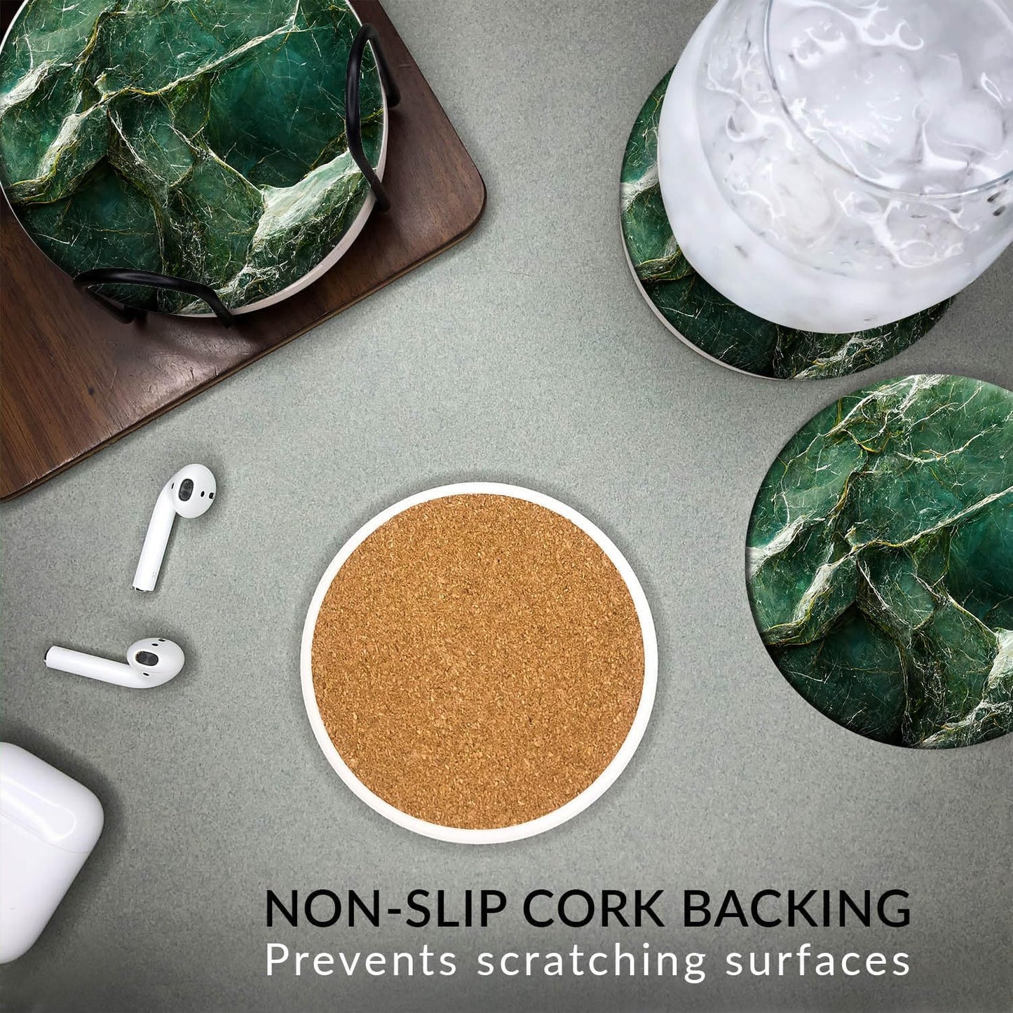 Emerson Coasters for Drinks Absorbent – Dining Table Set of 6 with Holder, 100% Ceramic Wooden Tabletop Protection Marble Style - Non Slip & Cork Bottom - Heavy Duty (Green Marble)