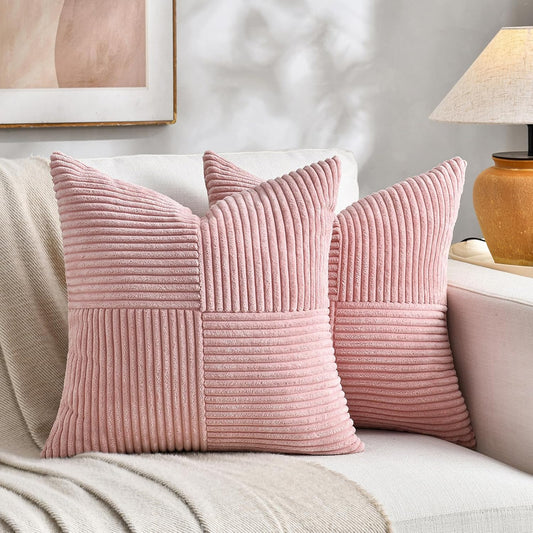 Fancy Homi 2 Packs Blush Pink Decorative Throw Pillow Covers 22x22 Inch for Living Room Couch Bed Sofa, Rustic Farmhouse Boho Home Decor, Soft Corss Corduroy Patchwork Accent Cushion Case 55x55 cm