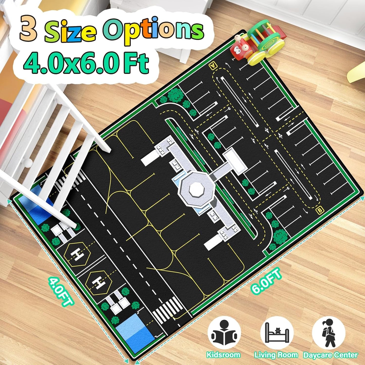 Kids Rug, Road Carpet for Kids with Combined City Road Traffic System, Car Rug and Airport Play Mat, 4x6 Ft Children’s Play Rugs for Playroom, Children’s City Traffic Map Fun Car Mat,Non-Slip