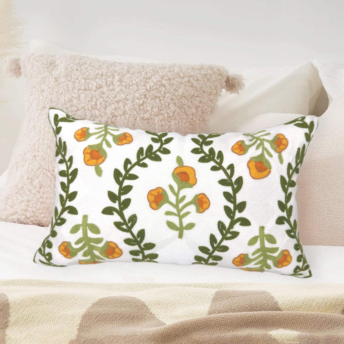 Alysheer Flower Embroidered Summer Decorative Lumbar Throw Pillow Cover 12"x 20", Farmhouse Cottage Orange Floral Green Leaves Patterned Cotton Canvas Cushion Case for Sofa Couch Bed Living Room
