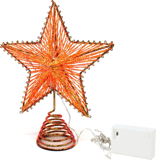 CVHOMEDECO. Orange Glittered 3D Tree Top Star with Warm White LED Lights and Timer for Christmas Tree Topper Decoration and Holiday Seasonal Décor, 8 x 10 Inch