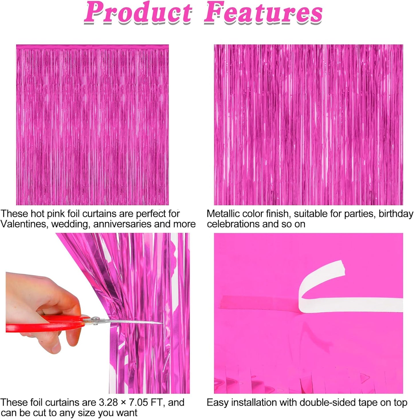 2 Pack Hot Pink Party Decorations, 3.28 FT x 7.05 FT Hot Pink Backdrop, Metallic Rose Red Photo Backdrop Foil Curtains Tinsel Backdrop, Metallic Pink Party Decor Wedding Party Supplies