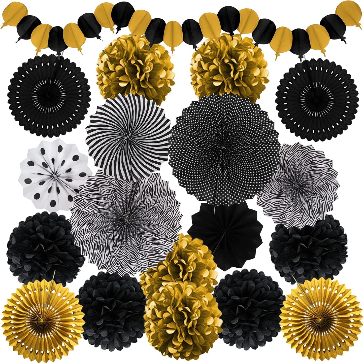 Black and Gold Decorations, Paper Pompoms Fan for Graduation Birthday Wedding Prom Night New Years Black and Gold Party Decorations