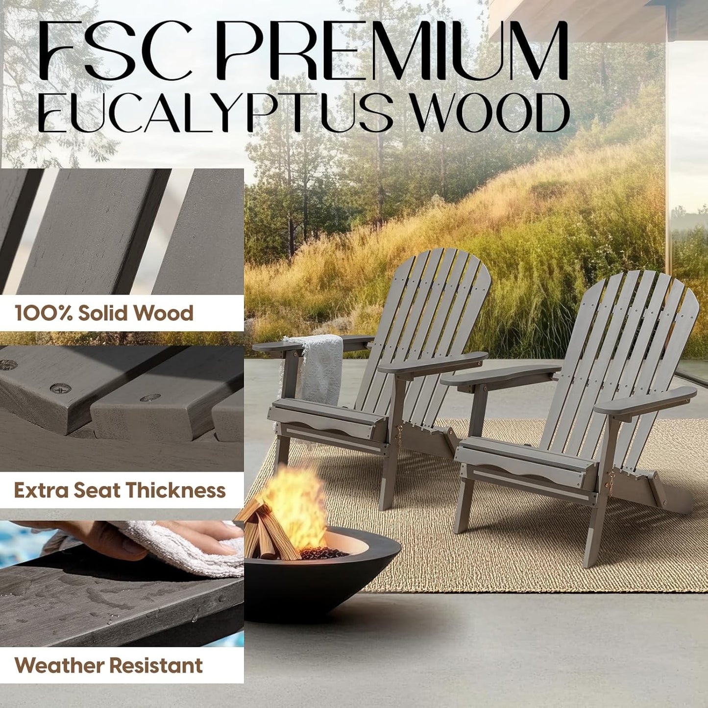 Idzo Outdoor Adirondack Chair Set of 2, Pre-Assembled Backrest, Patio Furniture Set, Outdoor Furniture for Garden, Porch, Deck, Firepit