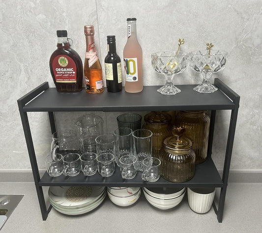 2 Tier Expandable Cabinet Shelf Organizer 14.5-25" L Kitchen Counter Shelf Rack Stand Sink Riser Countertop Storage Black (Normal 7.9”D)