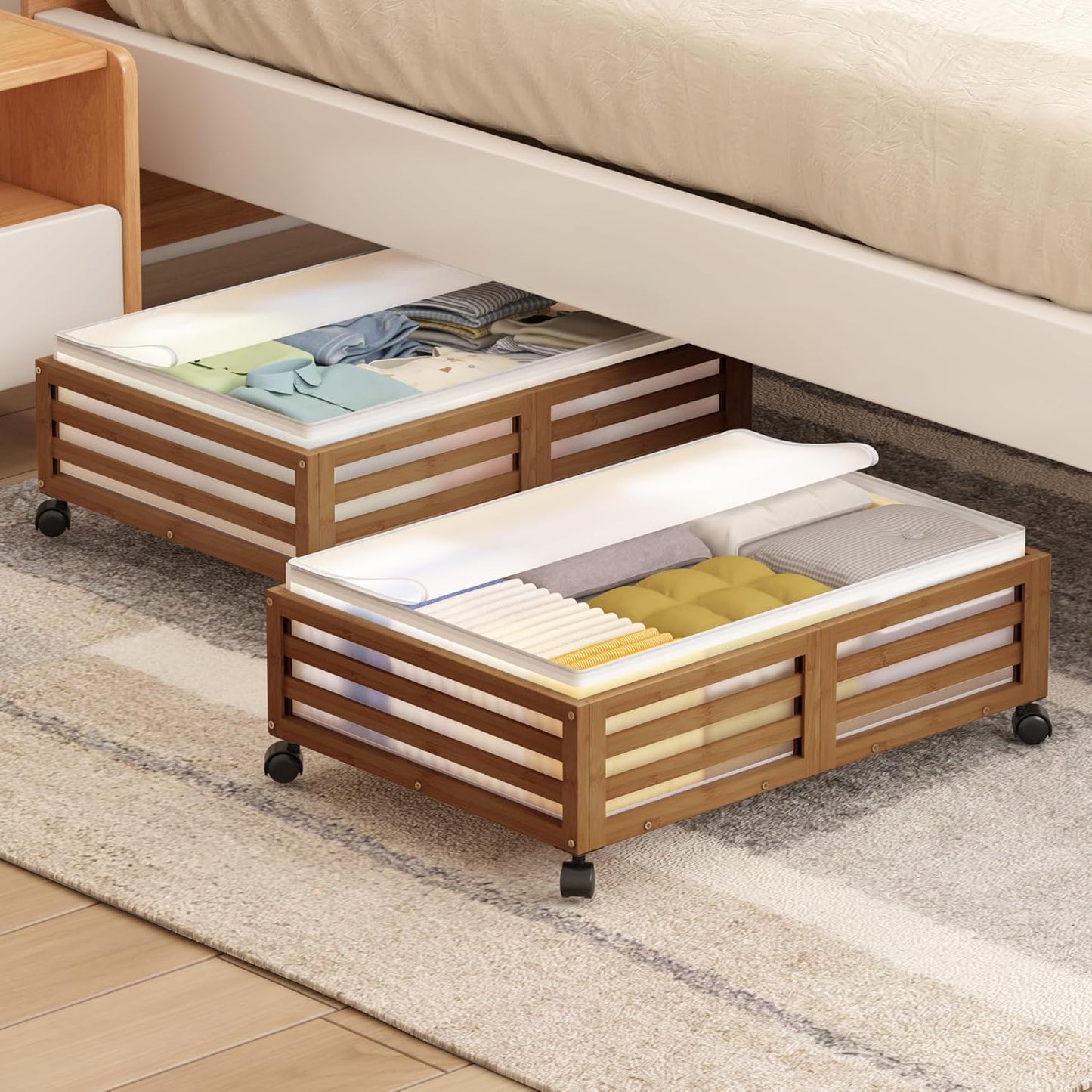 Under Bed Storage with Wheels-Large Bamboo Underbed storage Containers with Large Dust Bag Stackable Under the Bed Shoe Storage Bins for Clothes Books Bedding (2 Packs walnut, 23.62"L×16.54"W× 6.51"H)