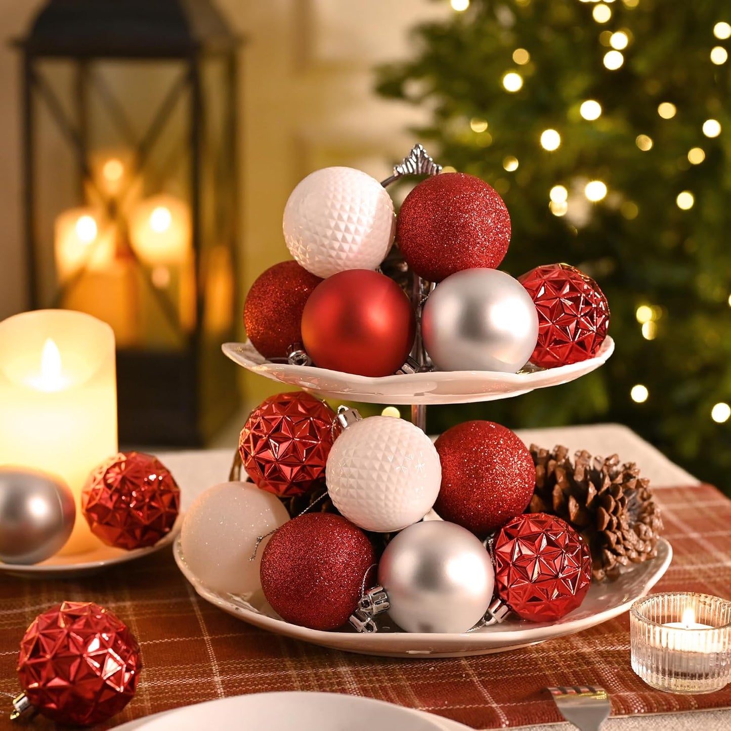 Valery Madelyn Christmas Tree Decorations Ornament Set for Fall Halloween, 50ct 2.36 Inches Red and White Shatterproof Christmas Ball Ornaments Hanging Xmas Holiday Party Decor