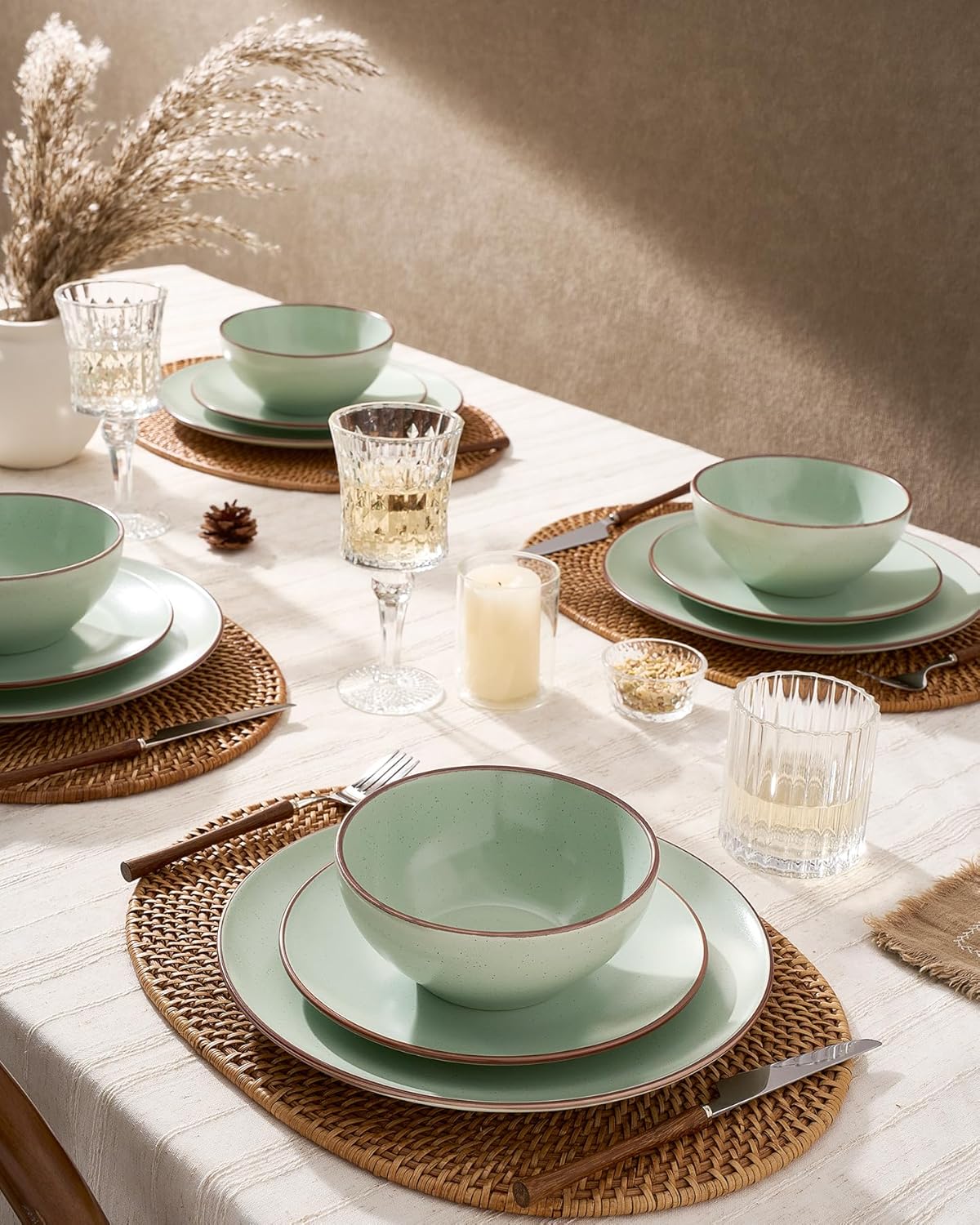 Famiware Venus Plates and Bowls Sets, 12 Pieces Stoneware Speckled Dinnerware Sets, Dishes Set for 4, Microwave and Dishwasher Safe, Matte Light Green