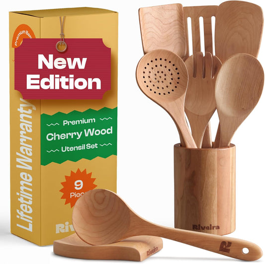 Riveira Cherry Wooden Spoons for Cooking Set of 9 – Natural Cherry Wooden Cooking Utensils, Wooden Spatula, Wooden Spoon - Premium Quality Wooden Utensil Set for Non-Toxic Cooking