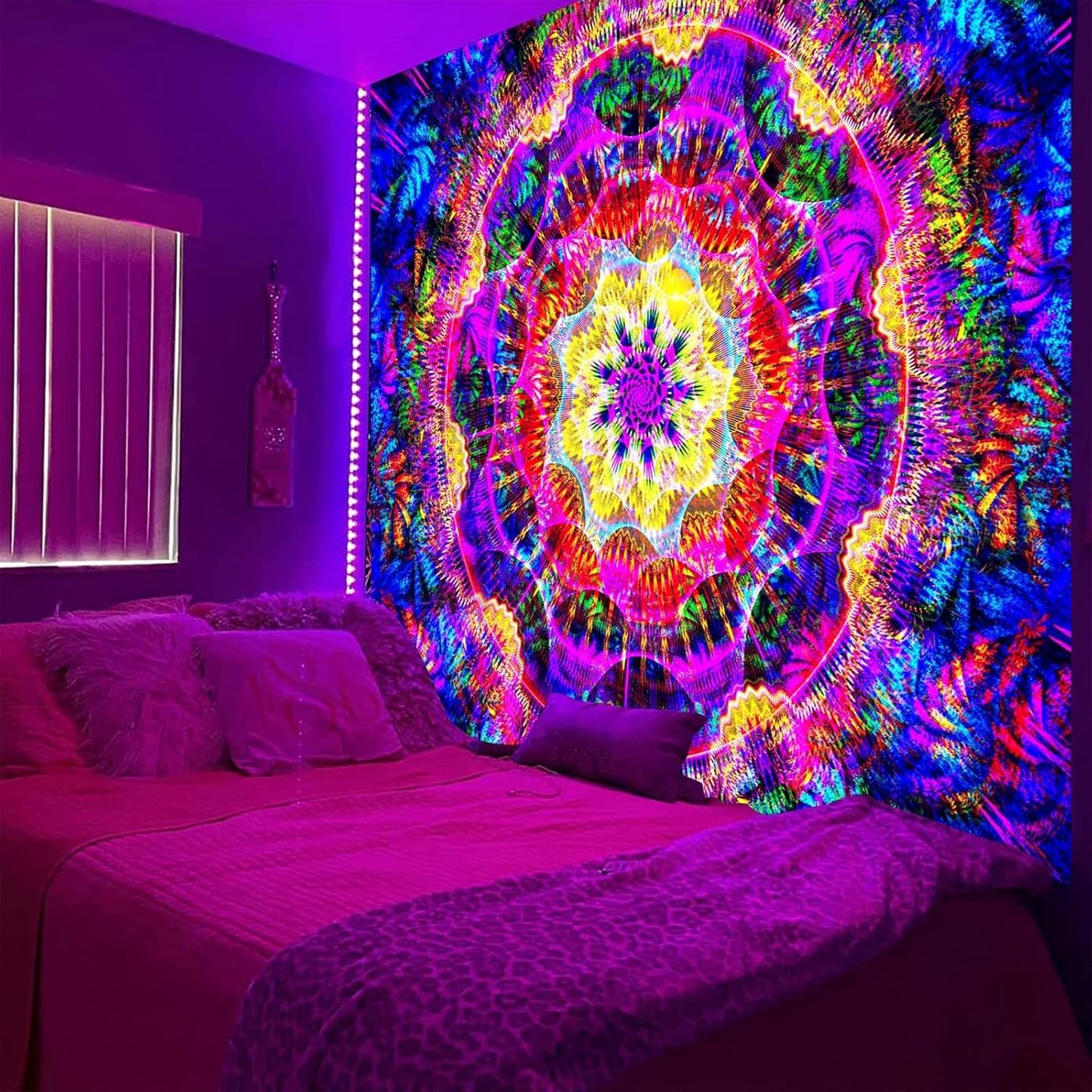 PSYHILAR Blacklight Mandala Tapestry for Bedroom, Psychedelic Black Light Posters for Adults and Teens, Colorful UV Reactive Aesthetic Bohemian Art Wall Hanging Decor (60 x 50 Inches)