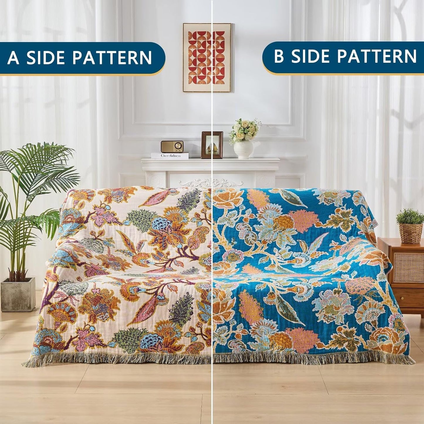 Boho Throw Blanket for Bed, Sofa,Cozy Lightweight Fall Blanket,100% Cotton Southwestern Farmhouse Floral Decor, Reversible Rustic Blanket, Chair, Picnic Throw Blanket,50"x60"