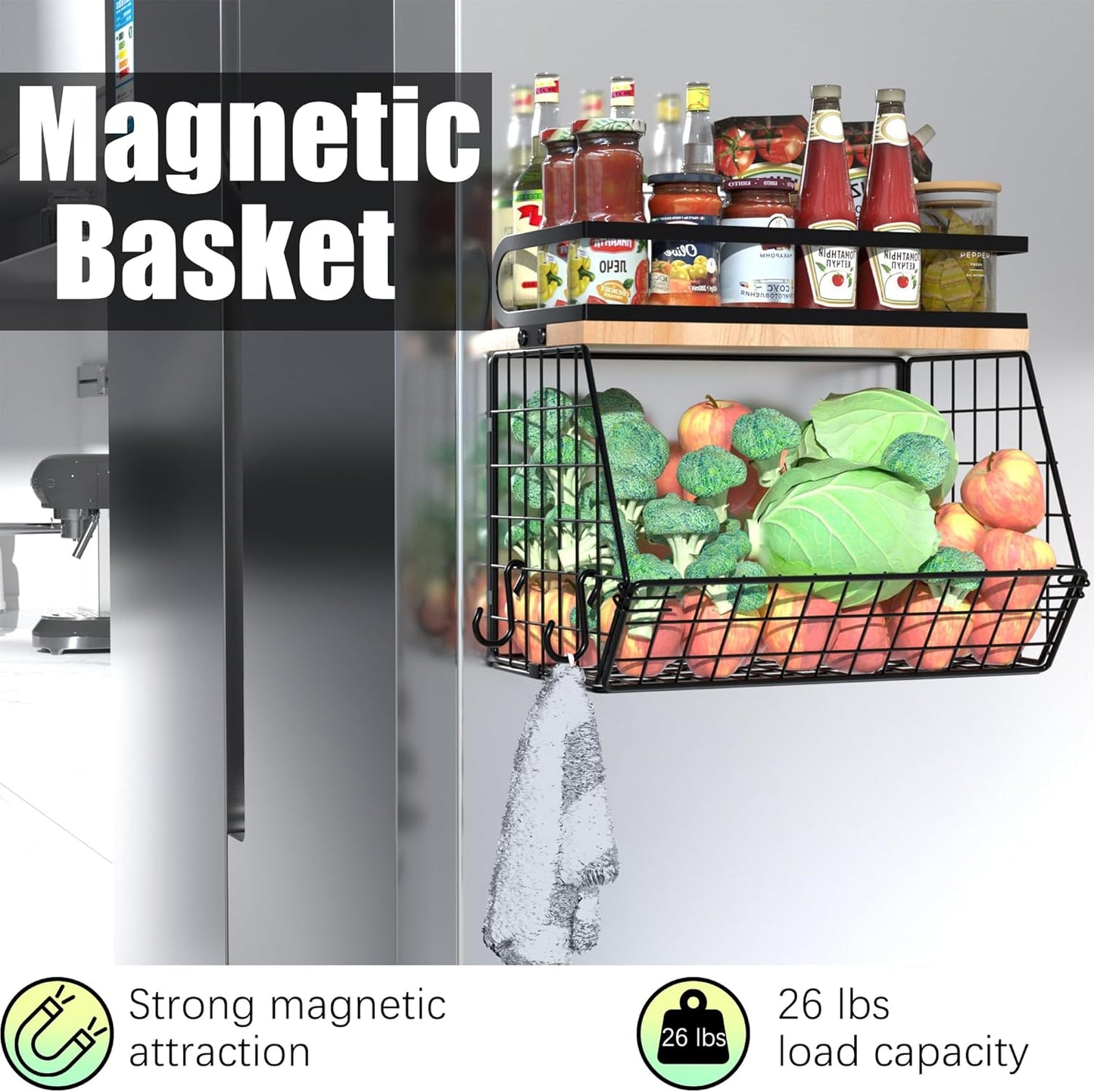 Magnetic Spice Rack for Refrigerator, Fruit, Potato & Onion Storage Bin,Large Capacity Magnetic Shelves for Side of Refrigerator, Kitchen Organizers and Storage Countertop,2 Pack Black