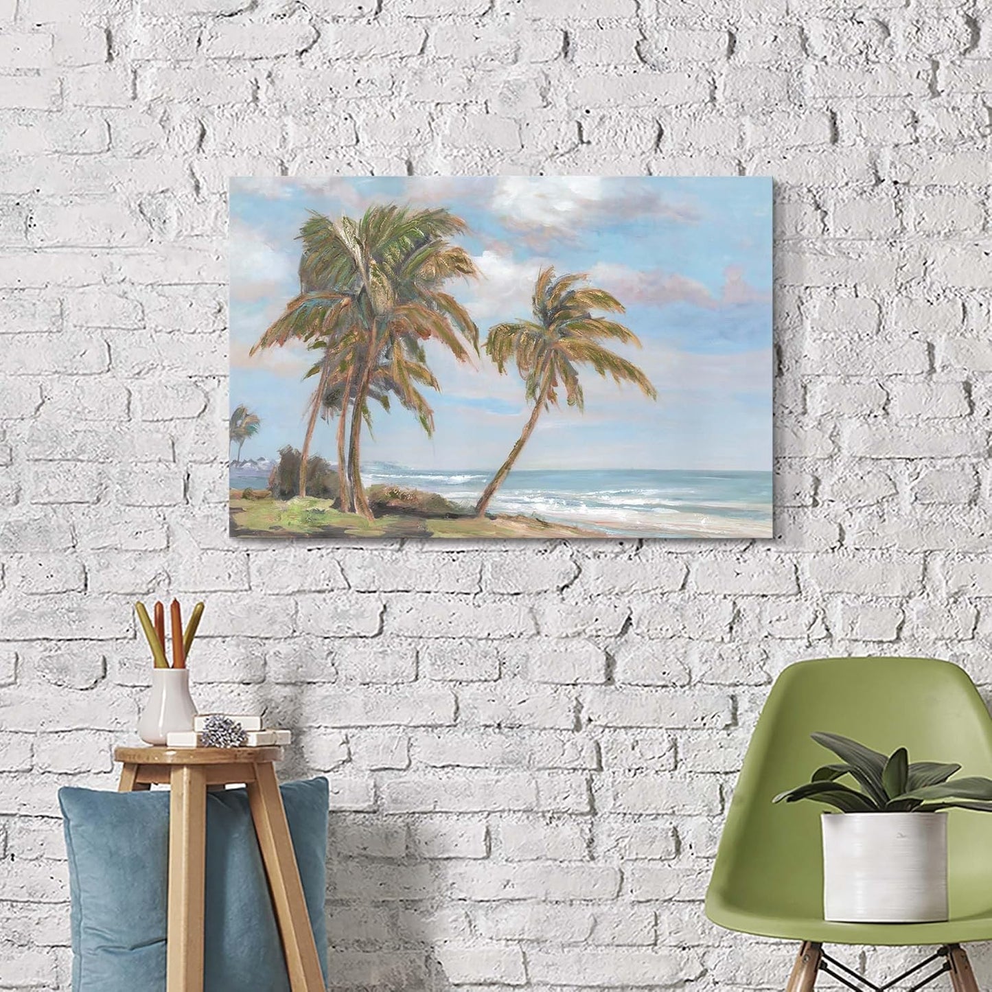 cozy country Palm Tree Wall Art 36"x24" - Coastal Pictures Beach Canvas Ocean Decor - Nautical Artwork Seascape Hand Painting for Bedroom, Sea House