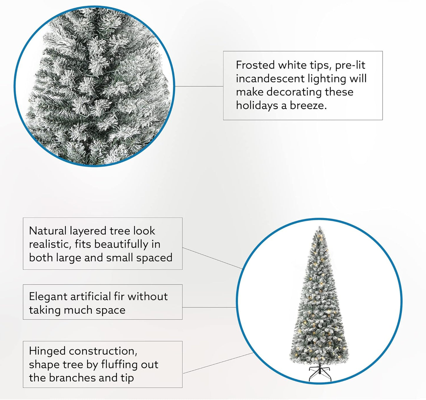 Naomi Home Salzburg 6.5ft Frosted Prelit Slim Artificial Christmas Tree with 864 Branch Tips, 250 Warm Lights and Metal Stand, 30" Wide Realistic Snow Flocked Skinny Pencil Christmas Tree