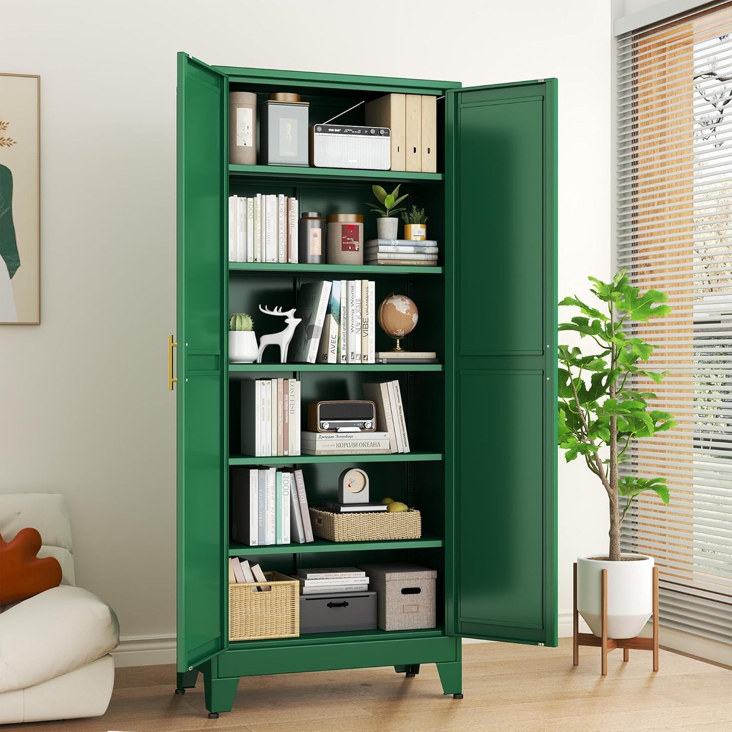 Green Metal Storage Cabinet,75" Steel Cabinets for Home Office, Kitchen Pantry Storage Cabinet with Doors and 5 Adjustable Shelves, Tool Cabinets, for Office, Home, Garage, School