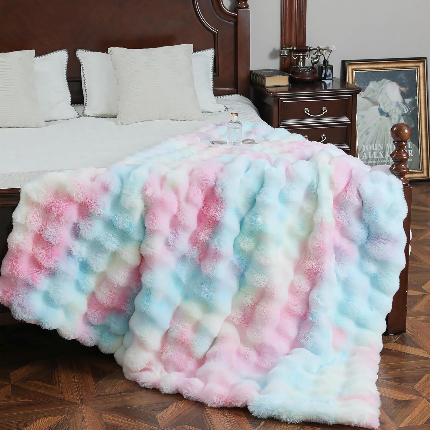 UKELER Colorful Faux Fur Throw Blanket Twin Size, Large Super Soft Fluffy Bed Blankets Throws for Bedroom, Living Room, Couch, Sofa, Office, Camping Plush Furry Blanket 60''x80''