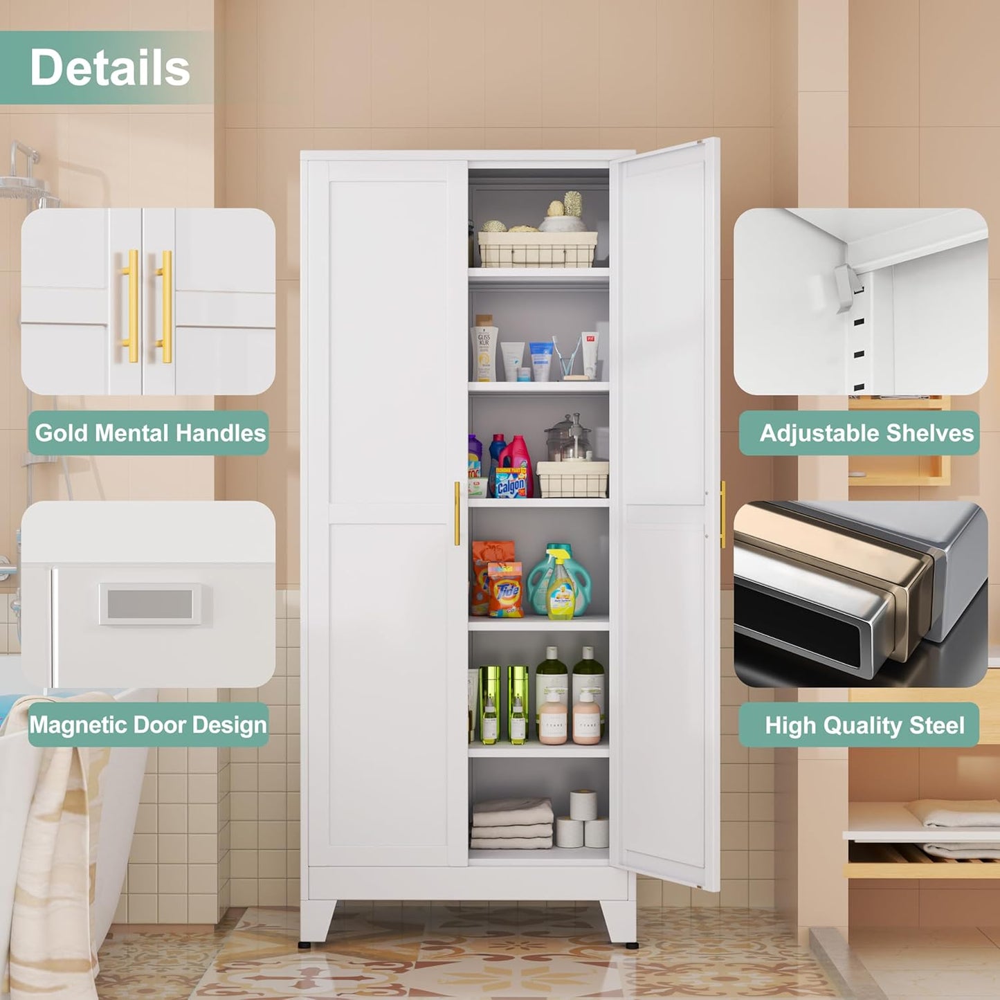 Metal Pantry Cabinet with 2 Doors and 5 Adjustable Shelves, 75" Kitchen Storage cabinets with Gold Handles, Versatile Storage for Laundry Room, Living Room, Bathroom, Dinning Room, Utility Room-White