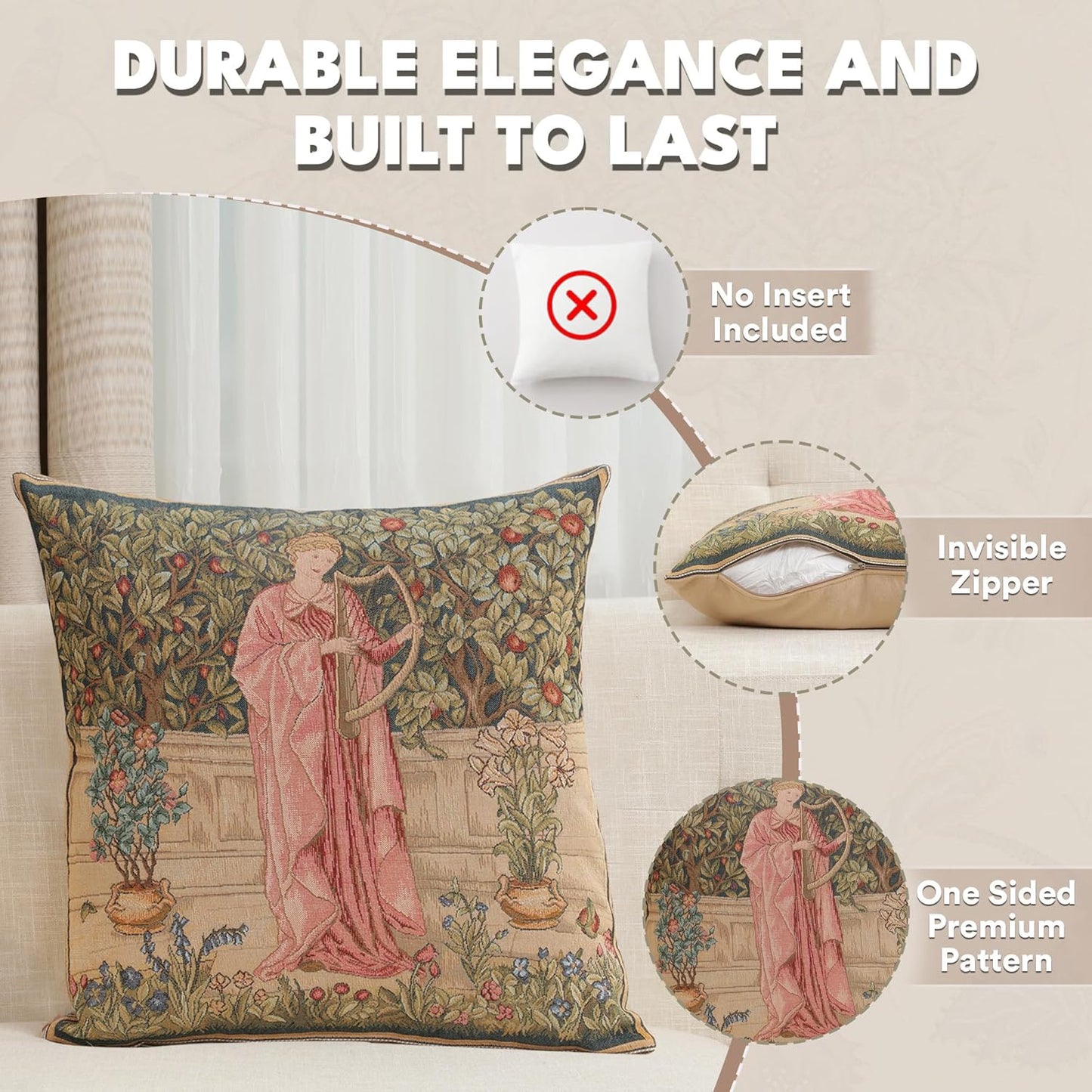 Charlotte Home Furnishings Decorative Tapestry Pillow Cover 19x19 in, Green Menestrel Couch Throw Pillow Cover, French Country Square Cushion Cases for Bed Room Home Decor, Soft Cotton Jacquard Woven