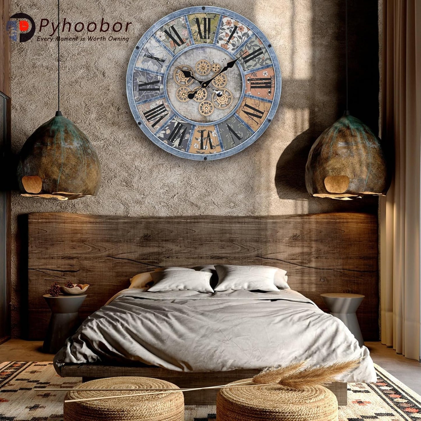 Unique Moving Gear Large Round Wall Clock 21inch-Battery Powered. Retro Industrial Steampunk Country Farmhouse Decor for Living Room Kitchen Bars cafes Offices(Blue/metal/21)